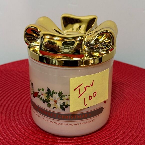 BBW The Perfect Christmas 3 Wick Scented Candle, Gold Tone Bow Lid/Topper NWT - Picture 5 of 5